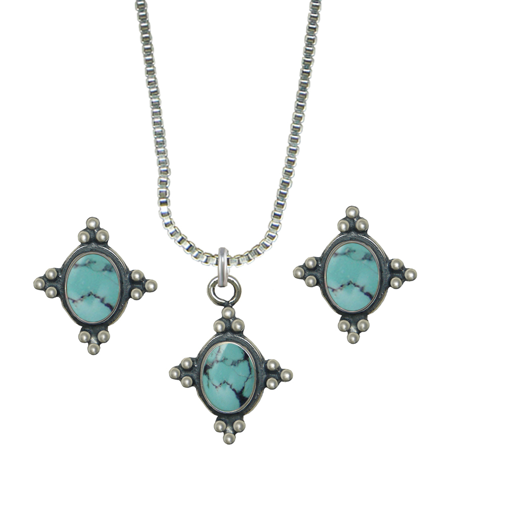 Sterling Silver Petite Necklace Earrings Set Chinese Turquoise
